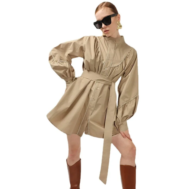 

Stand Collar High Waist Lace Up Dress Women's Sping Long Sleeve Fashion A Line Mini Dress Casual WomenLantern Sleeve Dresses