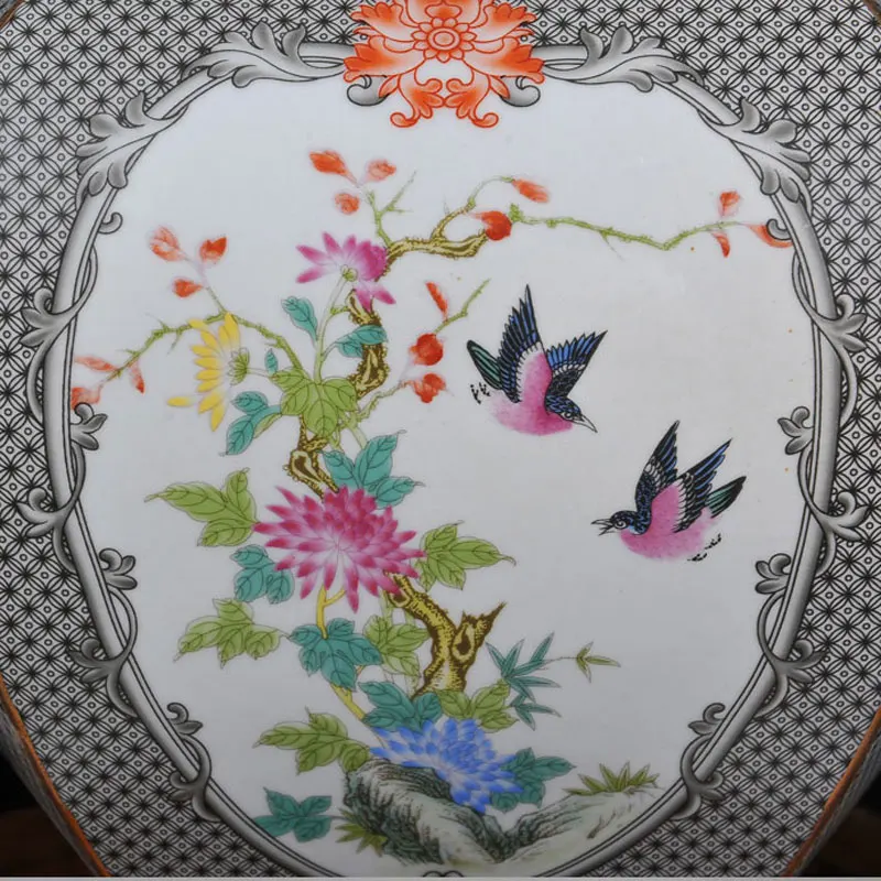 FOCUSDECOR Восточная светло серая китайская ваза с оранжевым цветком фарфоровая