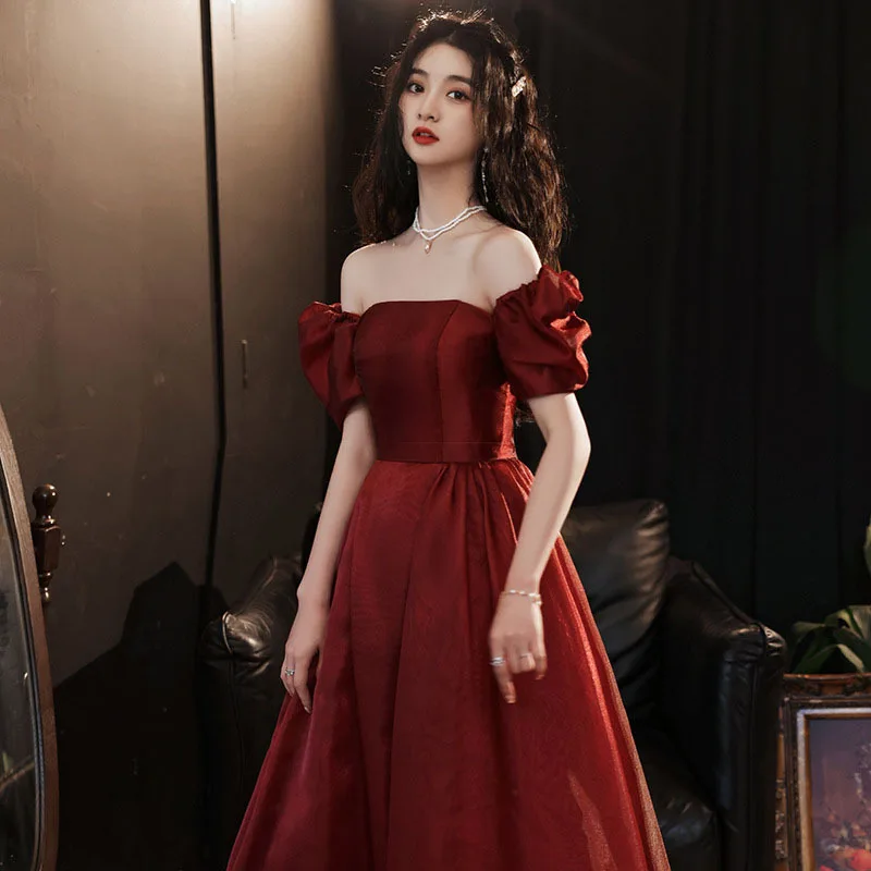 

Square Collar Puff Sleeve Evening Dresses A-Line Backless Solid Color Ankle-Length Slim Bandage Dress Birthday Party Gowns
