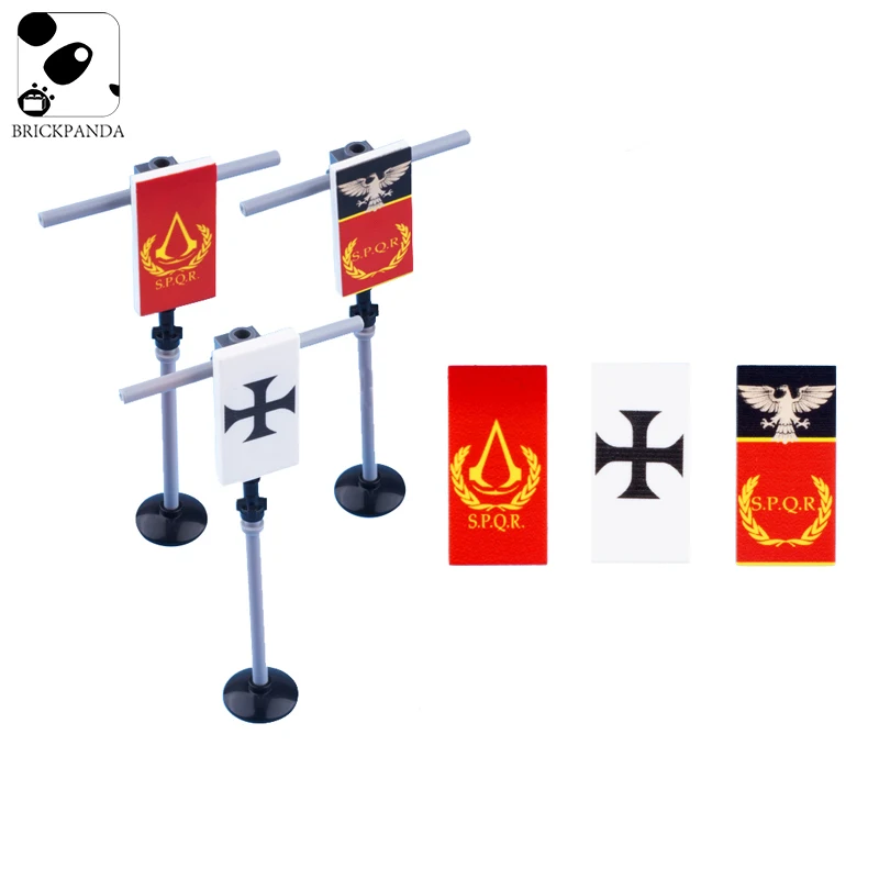 

Medieval Roman Soldiers Military Building Block Minifigs Flag Army Black Warrior Crusader Weapon Accessories Children Toys 87079