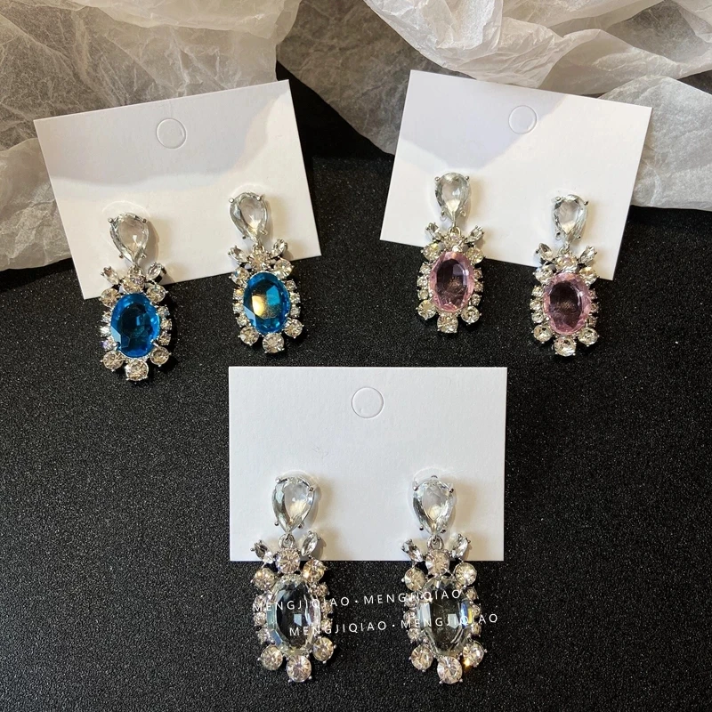 

2021 Korean Fashion Luxury Oval Crystal Drop Earrings For Women Ladies Fashion Long Sparkly Waterdrop Oorbellen Party Jewelry