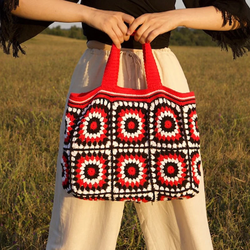 

Цветная яркая бананка, квадратная вязаная Цветочная сумка-тоут, симпатичный кошелек, женская модная разноцветная сумка, ручная работа, пряж...