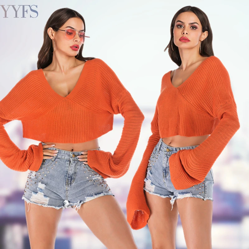 

Women's sweater fashion sexy solid color bat sleeves lazy wind short sweater women fall/winter loose V-neck sweater