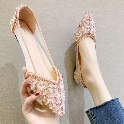 

2021 Fall New Rhinestone Sequins Soft Sole Comfortable Shallow Pointed Toe Lace Large Size Flat Shoes