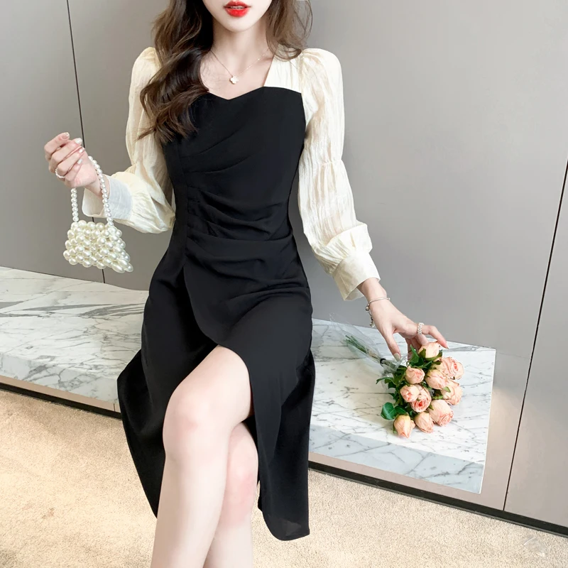 

Women Black Pachwork Hepburn Office Lady Dress Spring Autumn Korean Vintage Casual Dress 2023 New Elegant Bodycon Party Vestidos