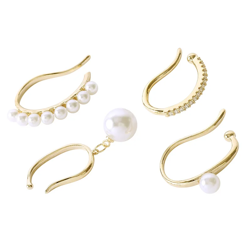 

4Pcs Ear Clips Jewelry Women Pearl Beads Gold Clip On Earings Ear Cuff Earring Piercing Ladies NO Piercing Hook Metal Wedding