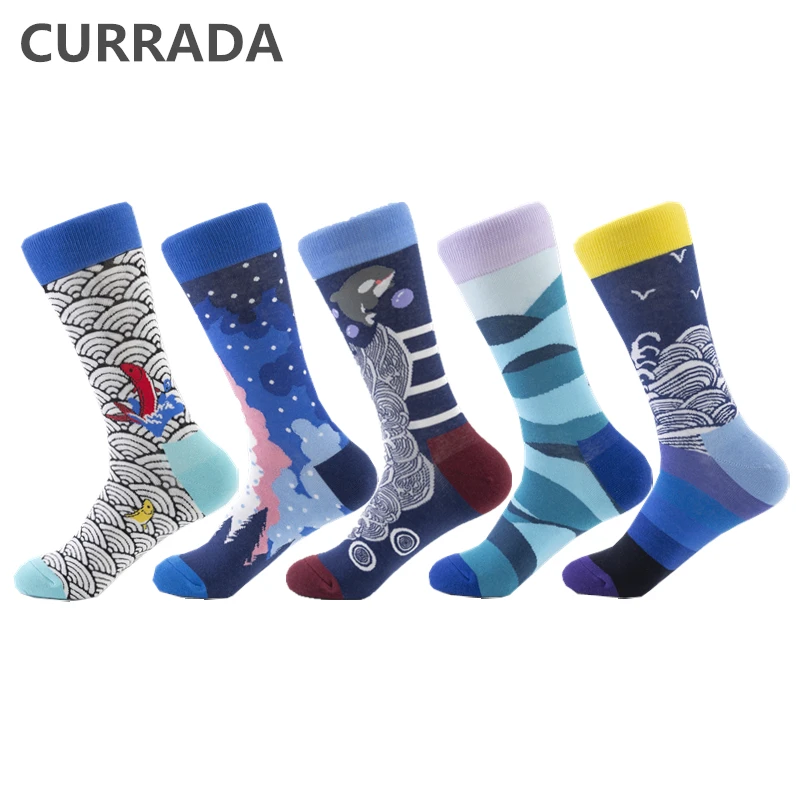 5 пар/лот счастливые мужские носки из чесаного хлопка забавные цветные