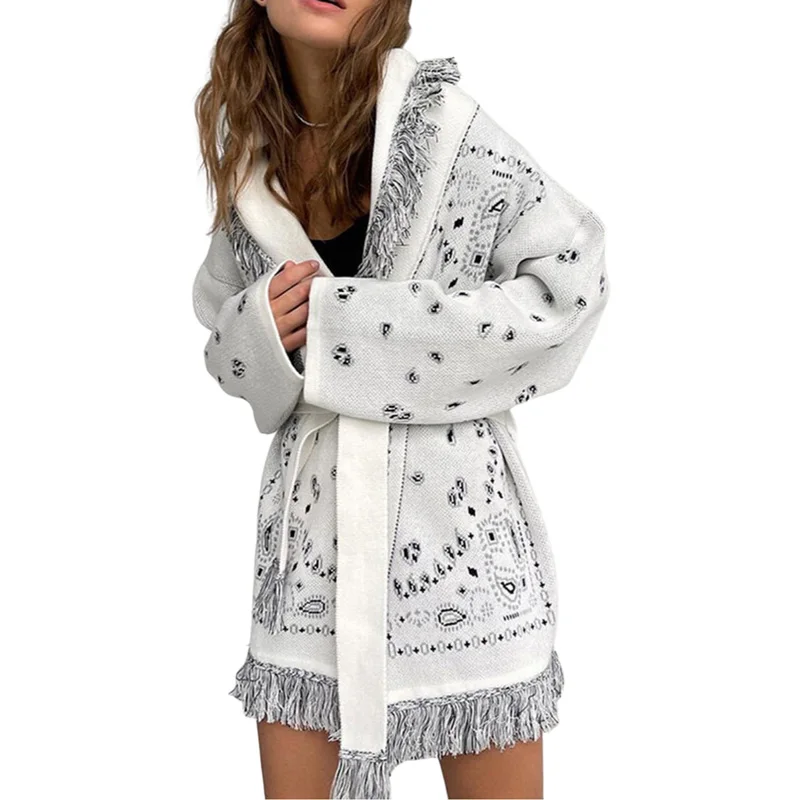 

Женский жаккардовый кардиган в стиле ретро, Свободный вязаный кардиган в этническом стиле с бахромой, теплый зимний свитер для повседневно...