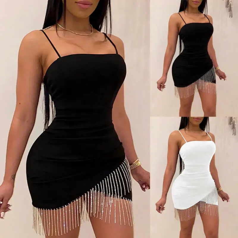 

Sexy Backless Bodycon Bandage Dress Summer Strappy Asymmetrical Tassel Mini Dress