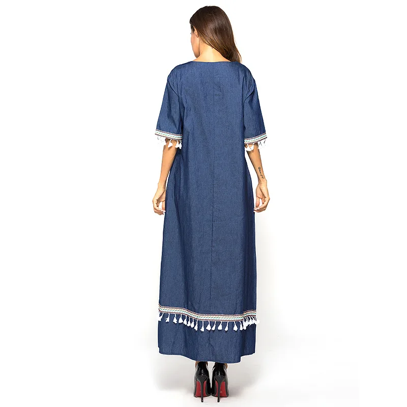 Джинсовое мусульманское платье Abaya женское элегантное с кисточками Рамадан