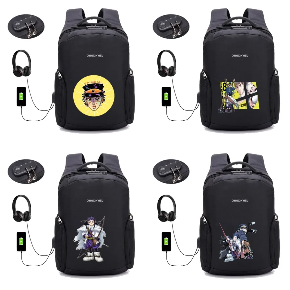 

anime Golden Kamuy backpack Anti-theft USB Charging backpack men women Laptop Travel Bag School book Backpack 16 style