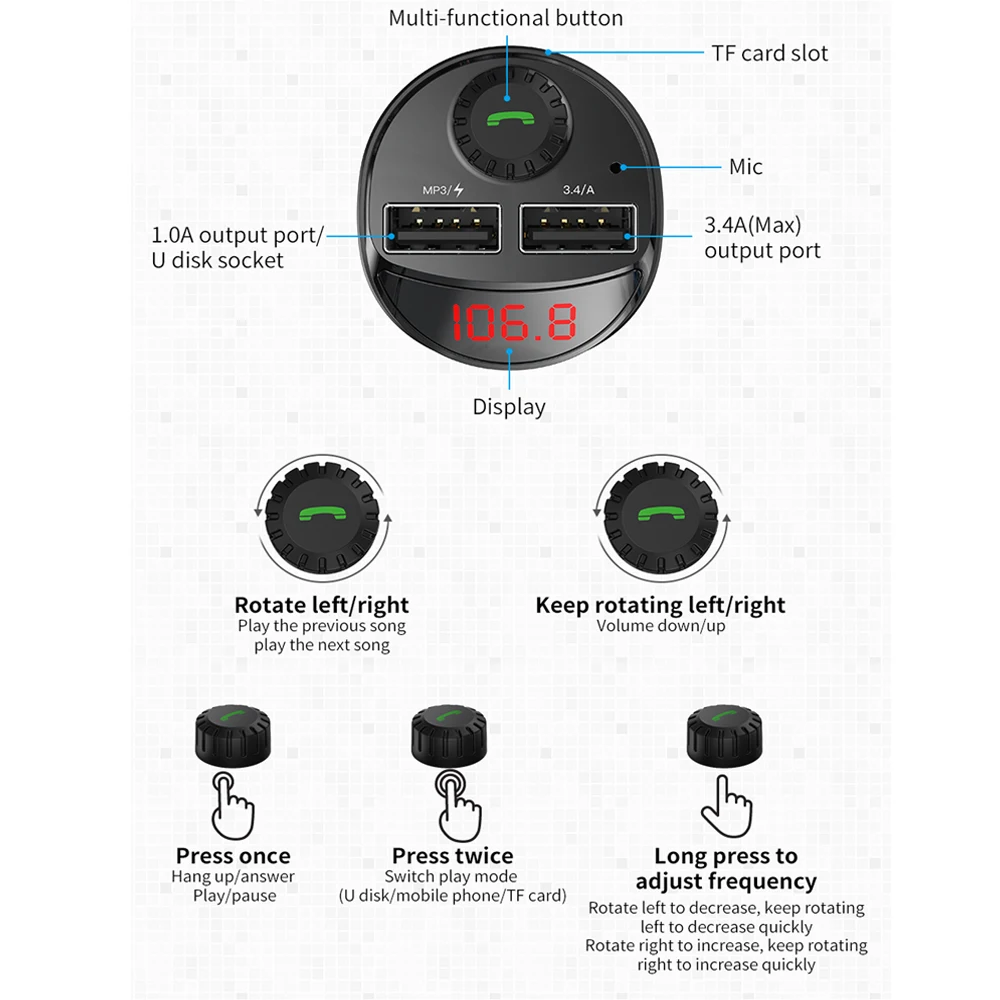 Автомобильное зарядное устройство FM-передатчик Bluetooth автомобильный аудио