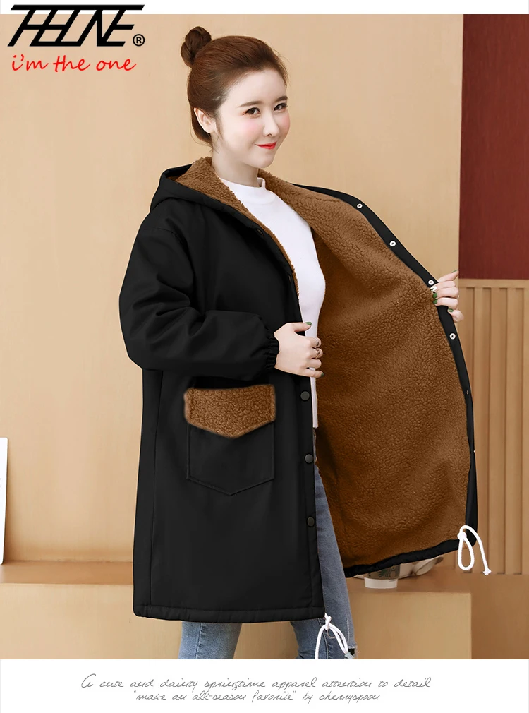 

THHONE Women's Clothing Autumn Winter Lamb Wool Coat Hooded Thick Jacket Women Padded Parka Fleece Loose Warm Overcoat Plus Size