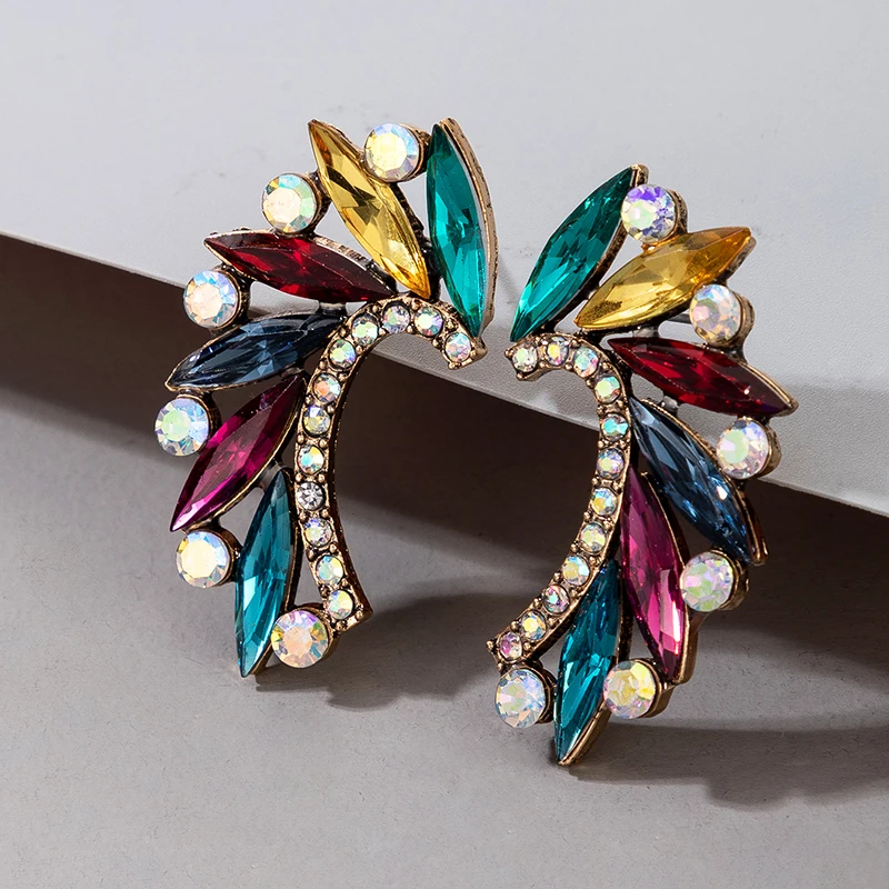 

Docona Luxury Colorful Tree Leaf Stud Earrings for Women Geometric Crystal Alloy Earrings Female Jewelry Accessories 16609