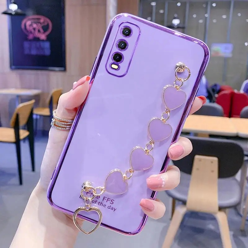 Wrist Bracelet Phone Case For Vivo V17 Neo Case Luxury Love Heart Chain Plating Cover Capa Vivo V17 Neo Soft Silicone Shockproof
