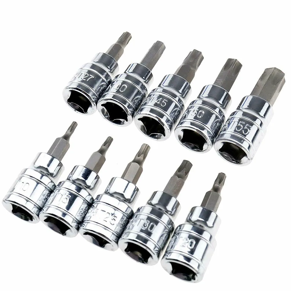 

10pcs 3/8inch Chrome Vanadium Steel Bits Drive Sleeve Star Key Set T10-T55 Pressure Batch Drill Socket Tool