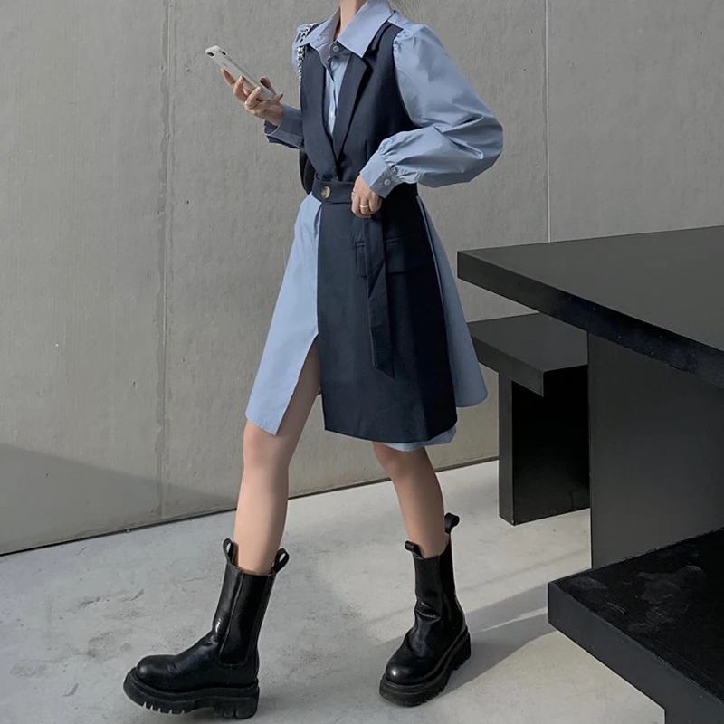 

Elegant Dress Women Casual Office Lady Blazers Mini Dress Female Designer Belt Long Sleeve One Piece Dress Korean 2020 Autumn