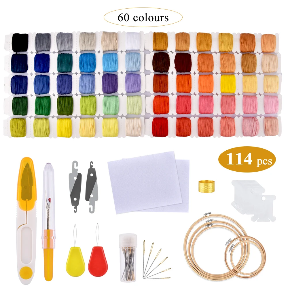 

60 Colors Cross Stitch Floss Embroidery Colorful Threads Embroidery Hoop Needles Lines Kit DIY Knitting Sewing Accessories Tools