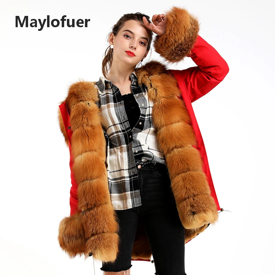Maylofuer парка из натурального меха Красной лисы съемная подкладка кроличьего Рекс