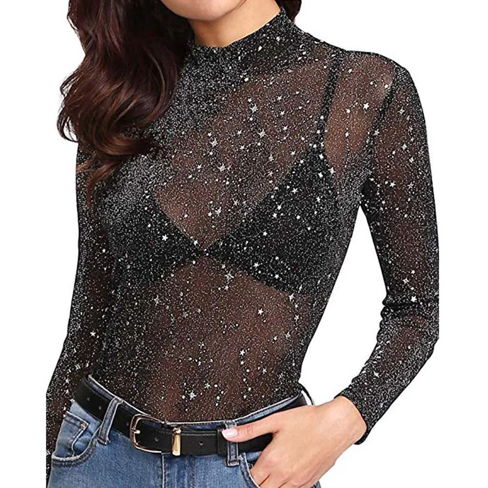 

Women Glitter Mesh Sheer See-through T-Shirts Long Sleeve Sexy Shirts Black Slim Fit Tops Clubwear camisetas New Spring Summer
