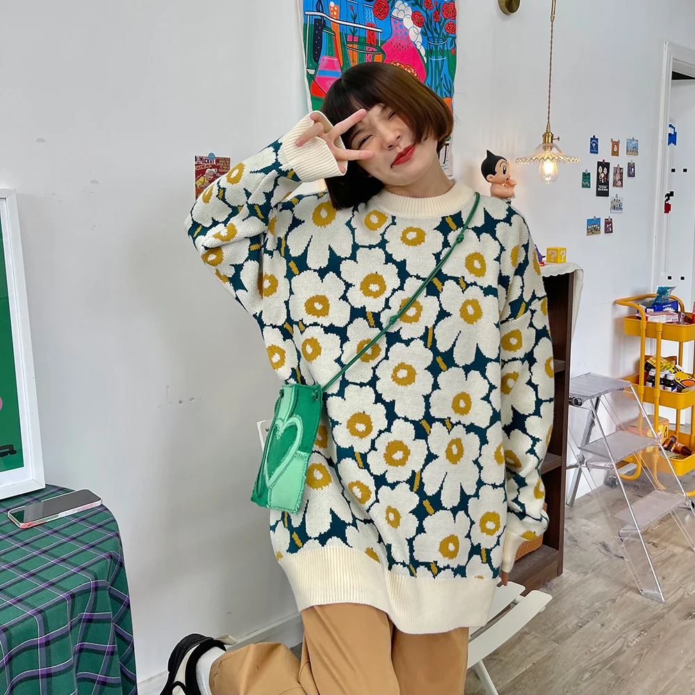 

Fashion Women's Sweater Autumn Winter Clothes Women Sweet Little Daisy Vintage Pullover Female Clothing Long Sleeve Loose Tops
