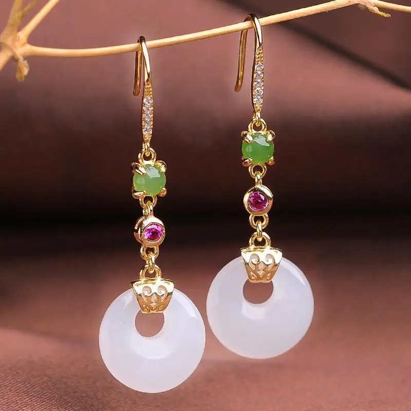 

Original Design Hetian Jade Ear Studs S925 Silver Inlaid Hetian White Jade Earrings Natural White Jade Earrings Women's Earrings