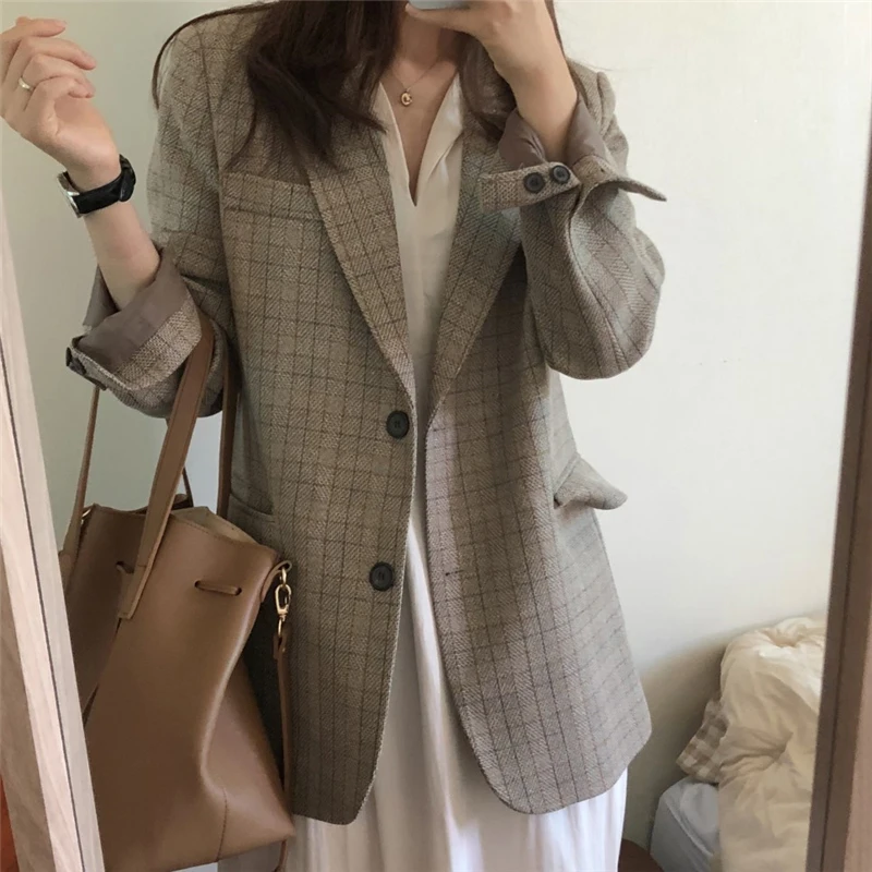 BGTEEVER винтажный клетчатый однобортный Женский блейзер с зубчатым воротником