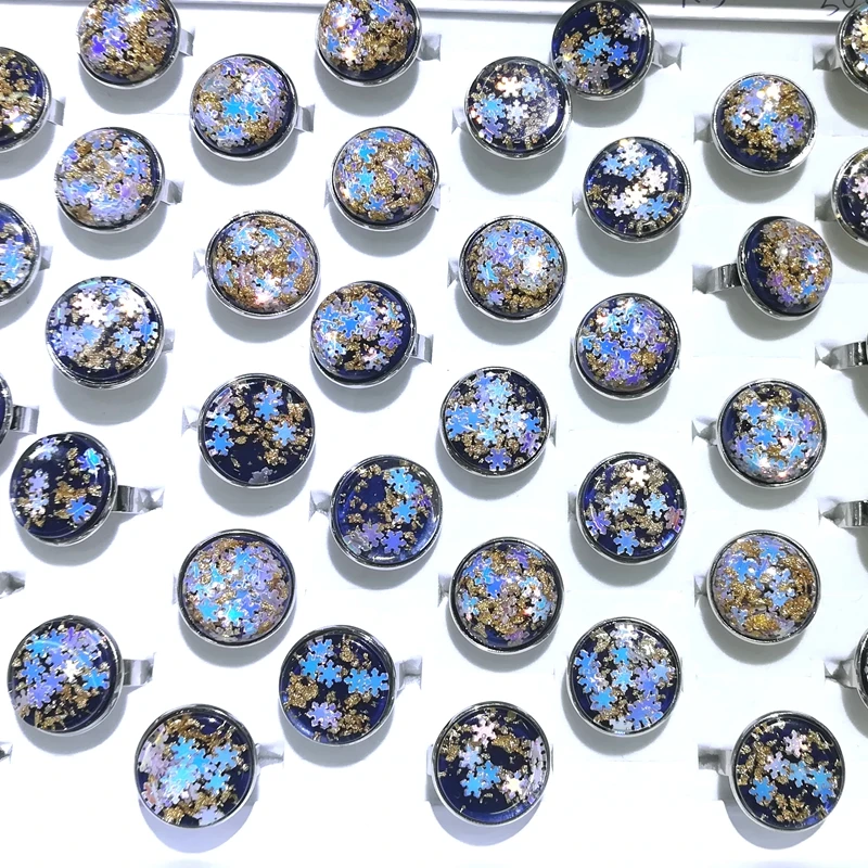 

XiaoYaoTYM 50pcs/Lot Snowflake Design Round Shape Big Rings Adjustable Mixed Color Cool Style Costume Ring