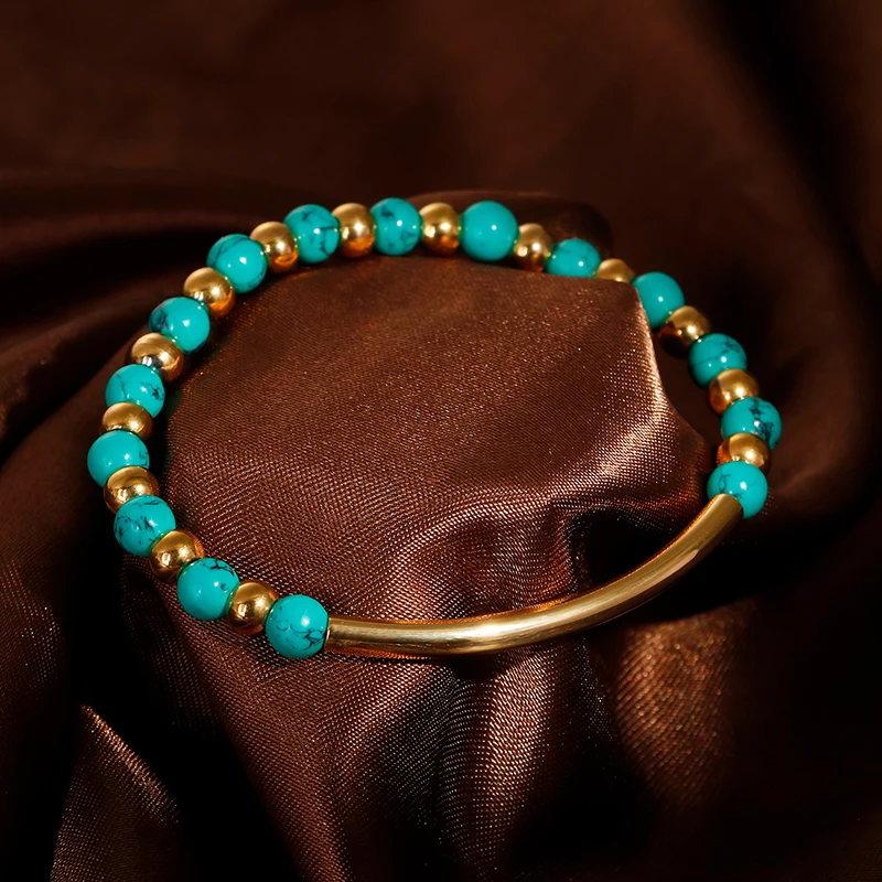 Unique Green Pine Stone Chain Bracelet Stainless steel Elastic String Hand Accessories Link Beeded Wrist Jewelry for Couple | Украшения и