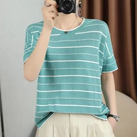 striped knitwear korean fashion short sleeve t shirt women loose summer knitted tee shirt o neck thin woman tshirts tops female