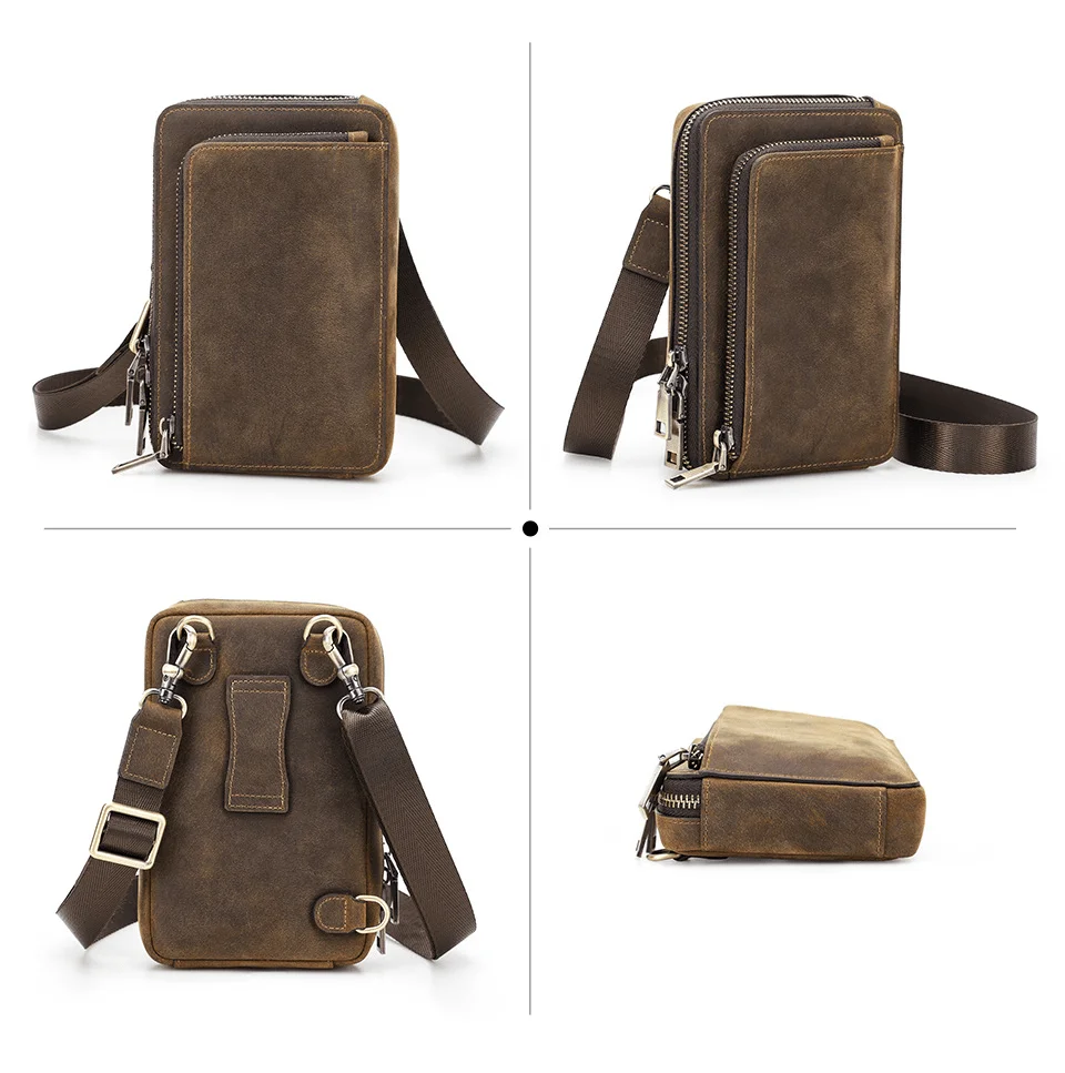 New Crazy Horse cow leather men's Mobile Phone Bag Mini One Shoulder Messenger luxury designer wallet holographic Fashion