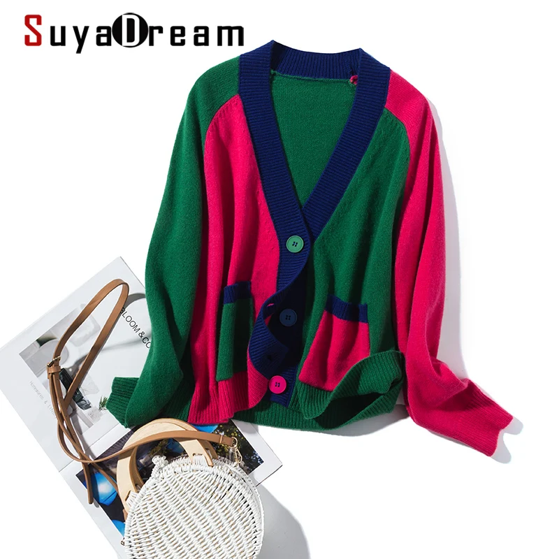 SuyaDream Woman Contrast Cardigans 10%Cashmere 90%Wool Single Breasted V neck Sweaters 2021 Autumn Winter Color Outwears