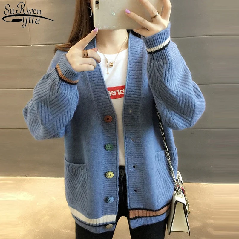 Thick Autumn Winter Women Sweater Vintage Knitted Casual Cardigan V-neck Single-Breasted Outwear Korean Pull Femme 10910 |