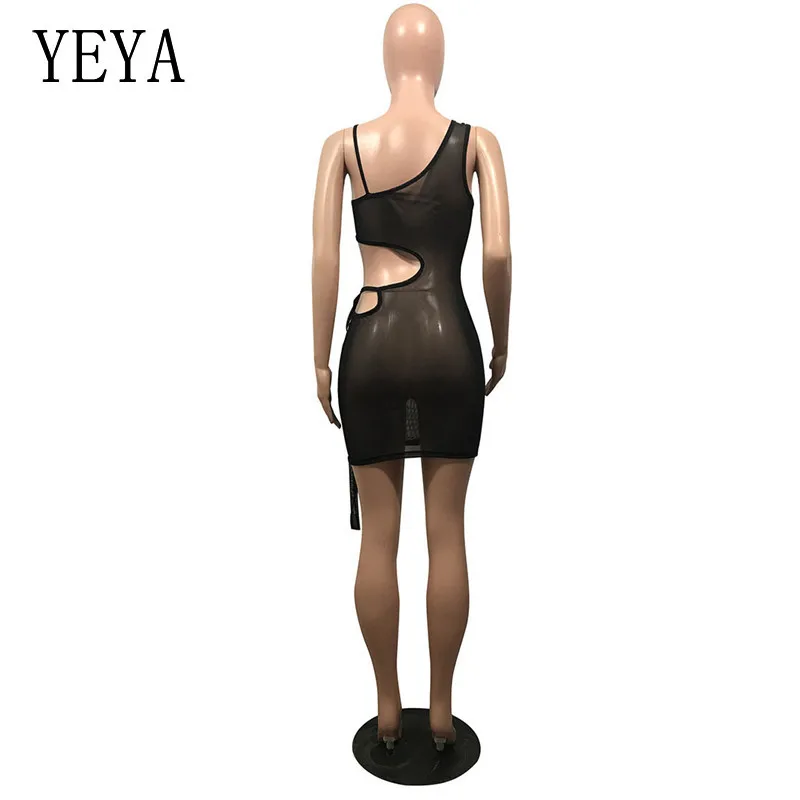 

YEYA Women Mesh See Though Drawstring Cut Out Mini Dress Sexy Club Party Streetwear Bodycon Bandage Sleeveless Dress