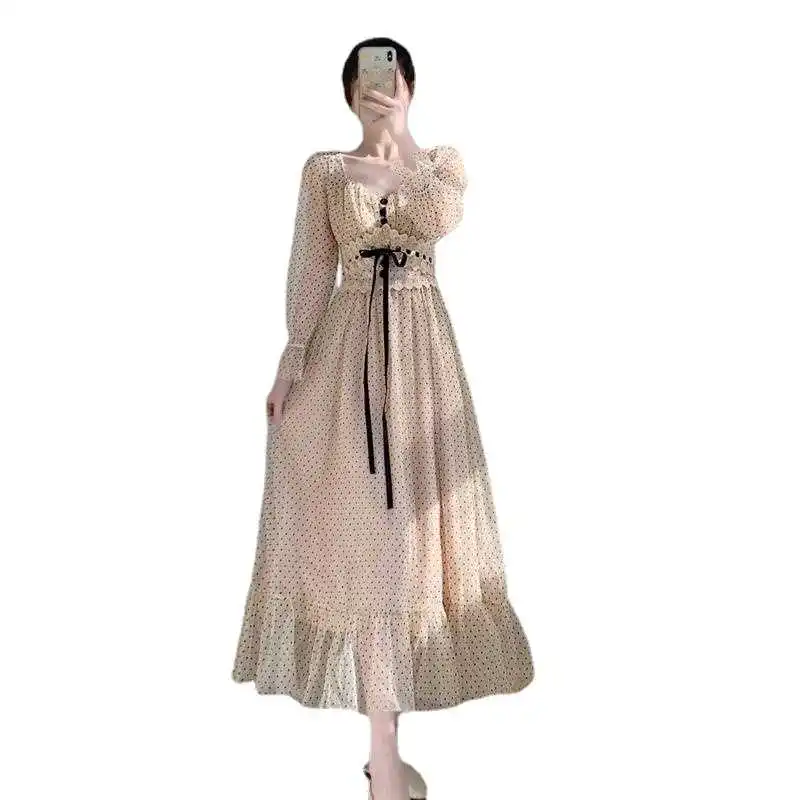 

Long skirt spring and autumn girl long Platycodon grandiflorum French gentle style super Fairy Forest wave dot mesh dress 2021