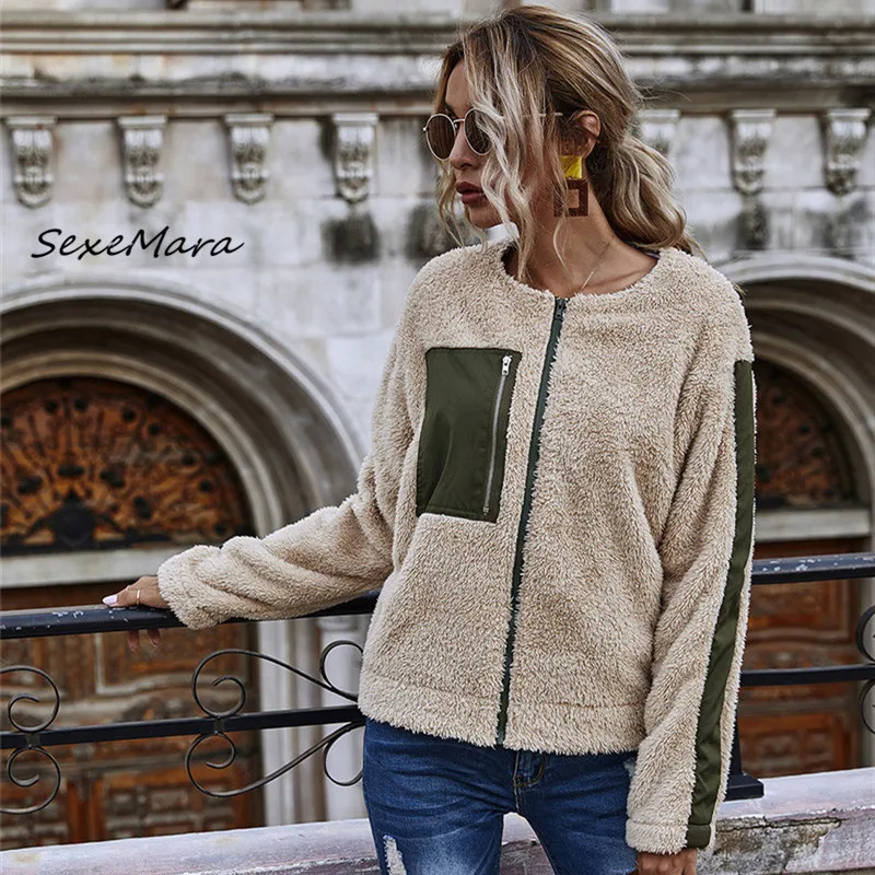

Casual Patchwork Women Jackets 2020 Winter Fashion O-neck Long Sleeves Loose Jackets
