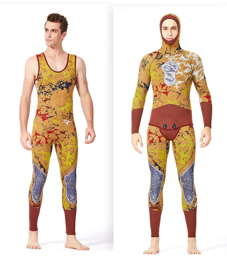 

1PC 5MM Neoprene Wetsuits Men Camouflage Spearfishing 2-Pieces Diving Suit Underwater Hunting Hooded Full Body Wet Suit WA 108