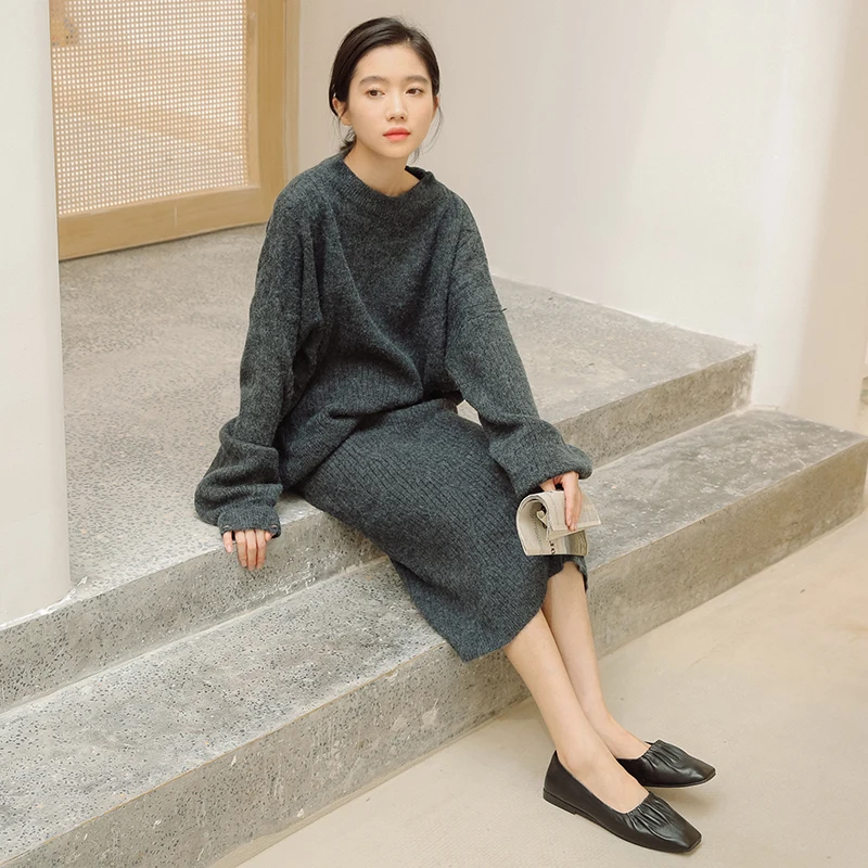 

Women Knitted Sweater Two Piece Sets Midi Skirt Office Ladies Warm Jumpers Outfits Autumn Winter Loose Knitwear Female Suits