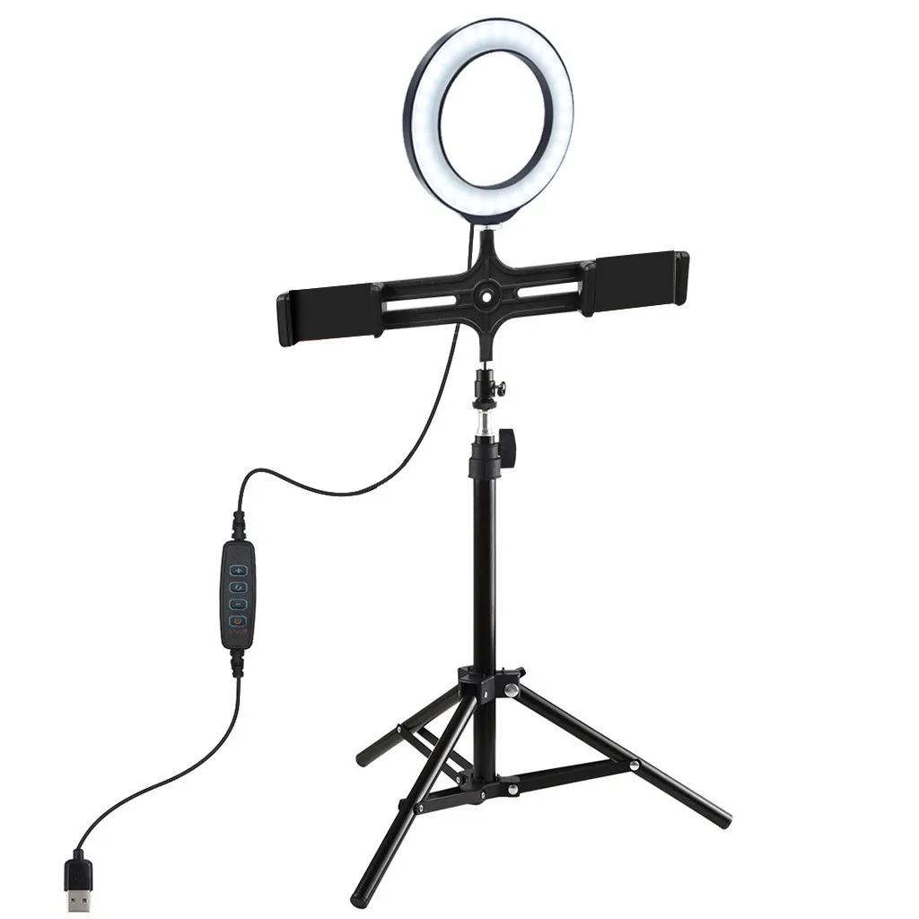 Photo LED Selfie 16Cm Ring Fill Light+double stand bracket With Tripod Dimmable Camera Lamp For Makeup Video Live #0528 | Красота и