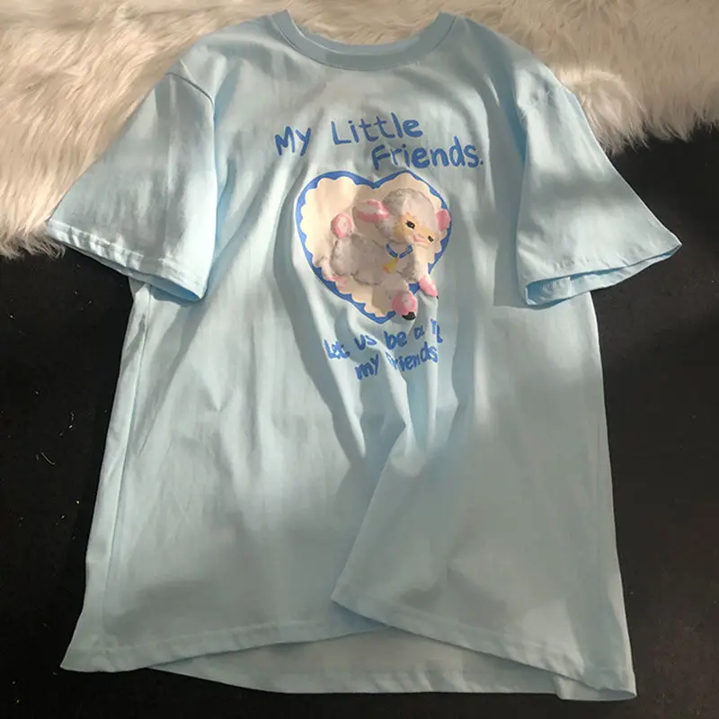 Футболка женская с коротким рукавом свободная простая нежная мультяшным принтом