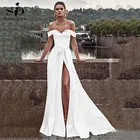 Женское атласное свадебное платье It's yiiya, белое платье в стиле бохо с открытыми плечами, разрезом и карманами на лето 2019