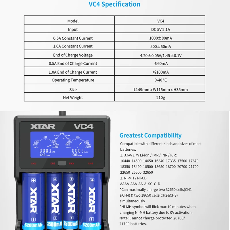 XTAR Батарея Зарядное устройство VC4S VC2 VC4 VC2S VC8 18650 для 14650 18350 18490 18500 18700 26650 22650 20700 21700