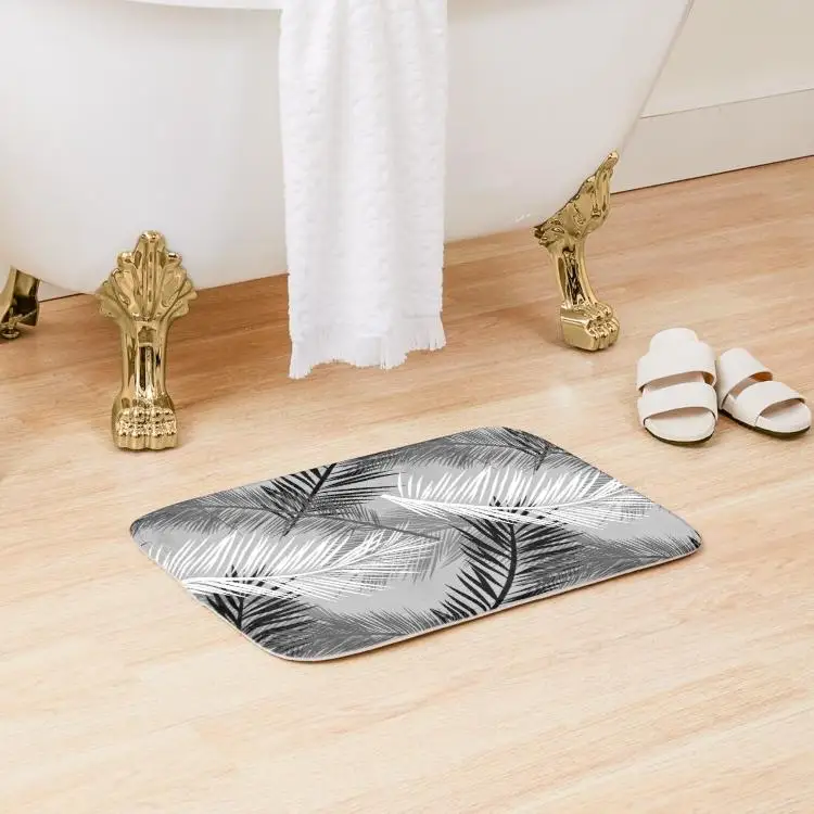 

Palm Leaf Print Gray Black And White Bath Mat Decoration Carpet Home Rug Floor Pad Bathroom Toilet Bedroom Living Room Wash