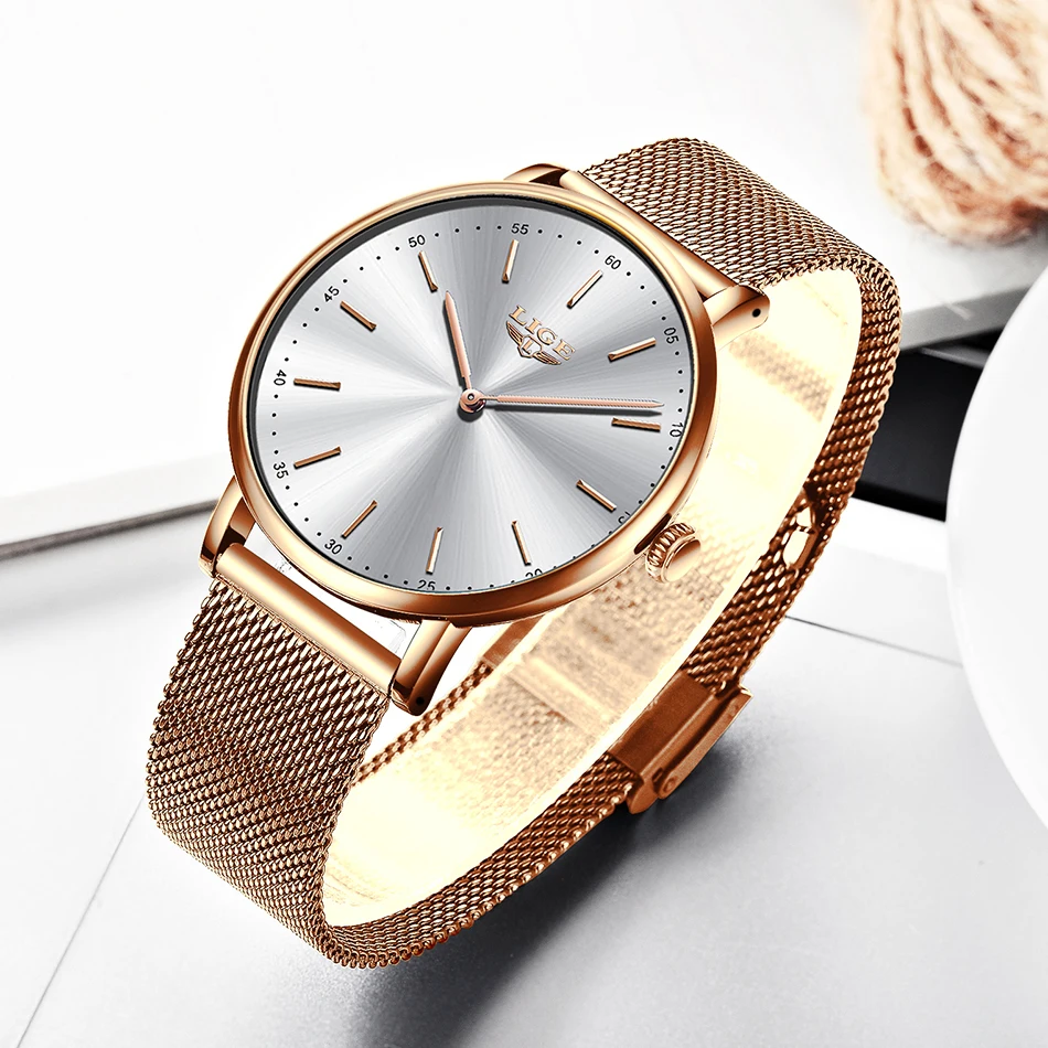 Часы наручные LIGE женские с сетчатым ремешком простые повседневные модные