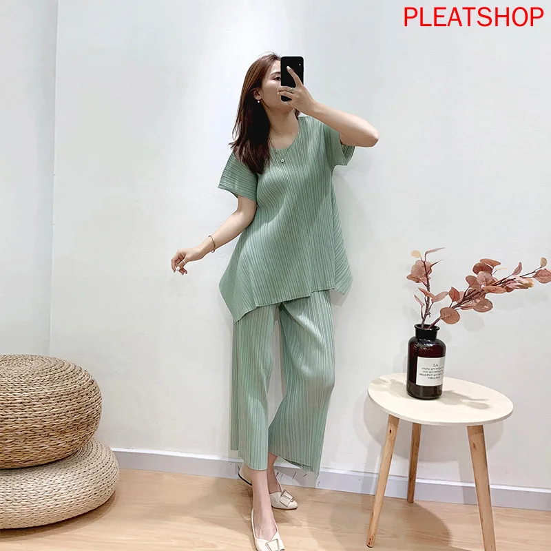 

MIYAKE Pleats Fashion Suit 2020 Summer New Pleated Irregular Solid Color Two-Piece Set Slimming Women Ensemble Femme Dresy Damsk