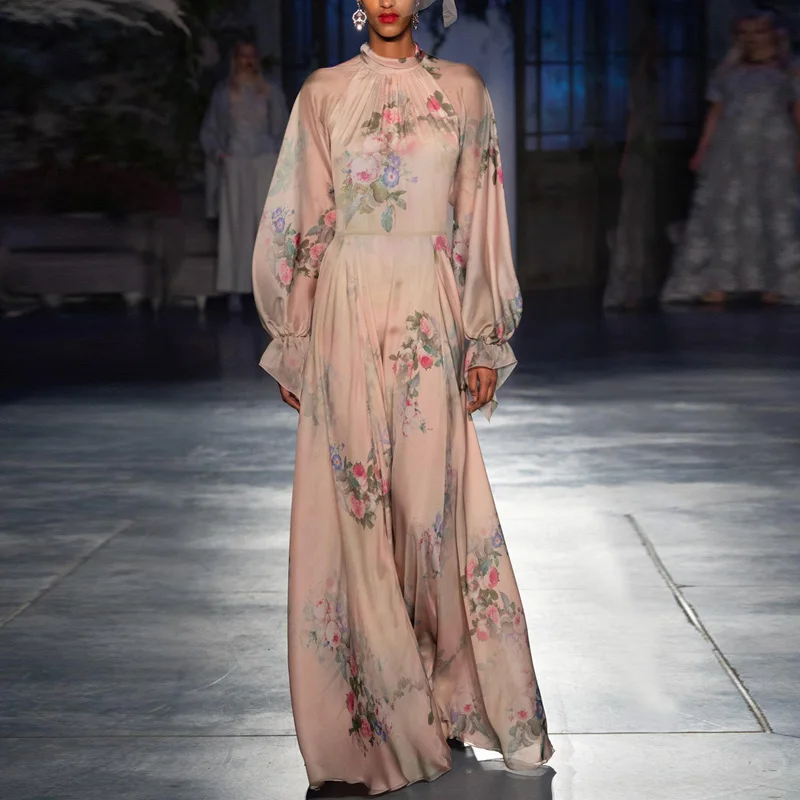 

Retro Autumn Dress Floral 2021 New Temperament and Elegant Print Big Swing Party Evening Dresses for Women