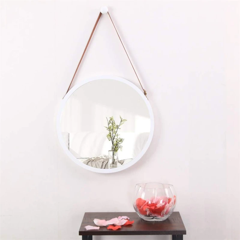 

Hanging Round Wall Mirror in Bathroom & Bedroom - Solid Bamboo Frame & Adjustable Leather Strap
