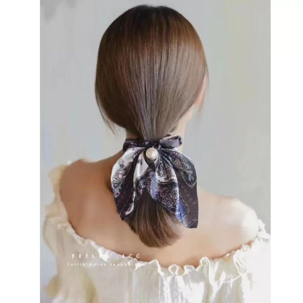 

New Chiffon Bowknot Elastic Hair Bands Women Girls Pearl Scrunchies Headband Hair Ties Ponytail Holder Fashion Hair Accessories