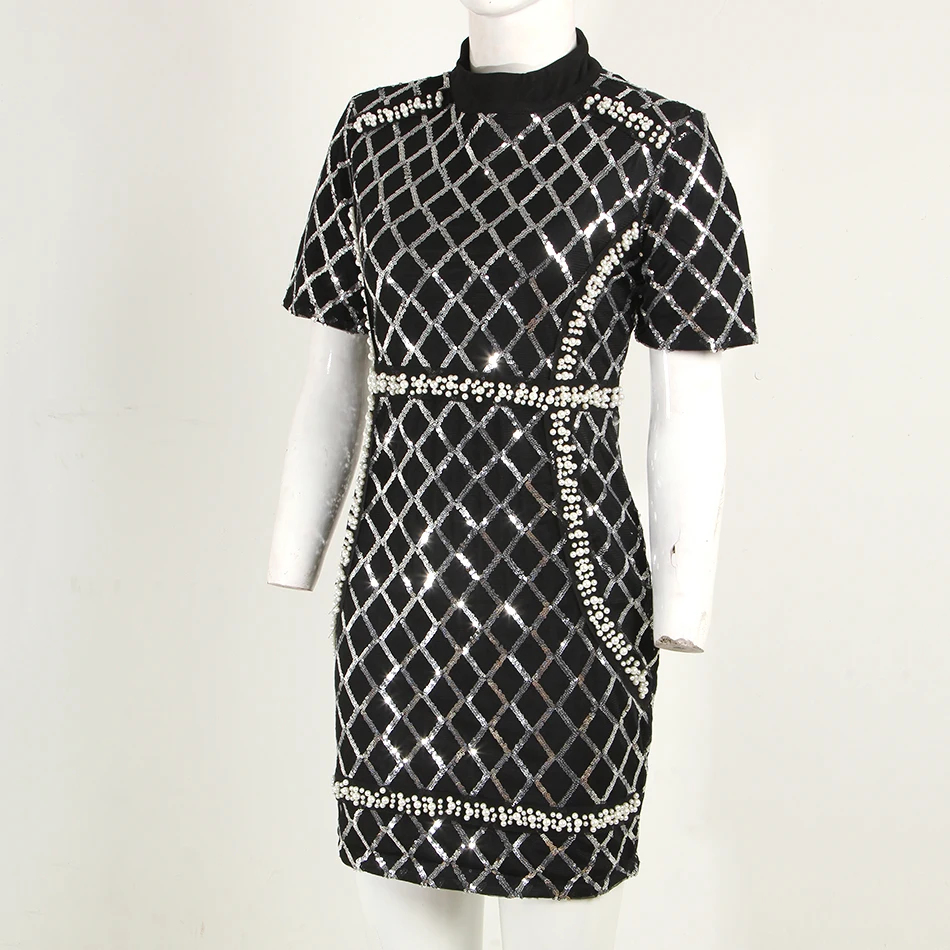 Модное женское платье с блестками и бусинами облегающее мини круглым вырезом