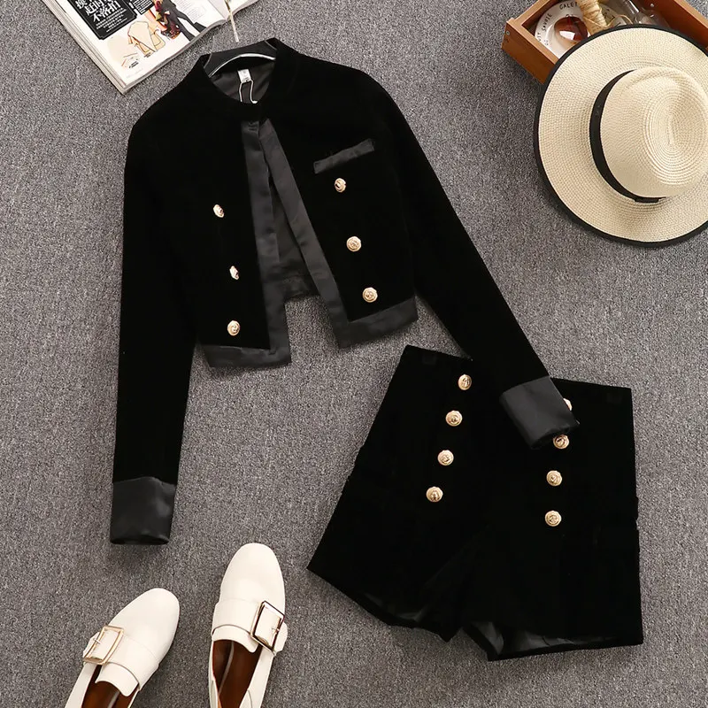 

Women's Short Set 2021 New Spring and Autumn Small Blazer Coat Gold Velvet Short Pants Two-Piece Suit Retro Style